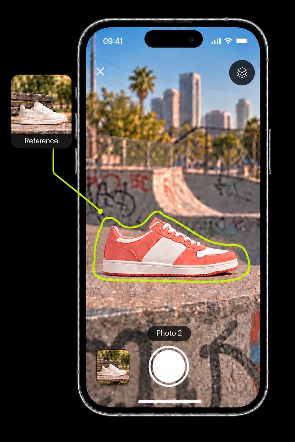 The cream sneaker reference points to the fixed lime outline around the next coral sneaker shot, shown inside an iPhone camera