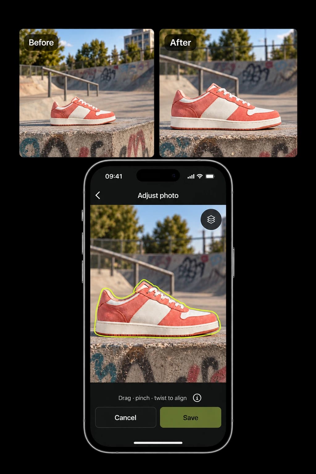 Fine Tune illustration with the same coral sneaker scene before and after a framing adjustment, above an iPhone editor