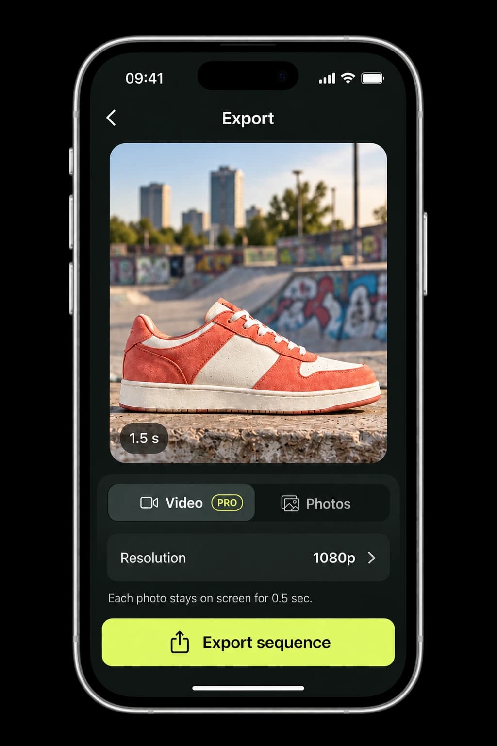 An iPhone export screen with a coral sneaker preview, Pro marked only on Video and Photos available alongside